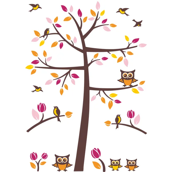 Arbol, pájaros y buhos