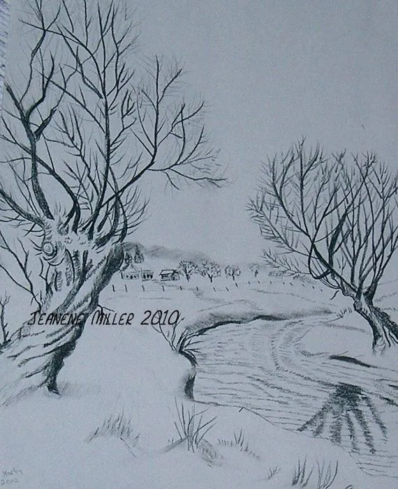 Árboles junto al arroyo de nieve dibujo a lápiz por JardinduBois