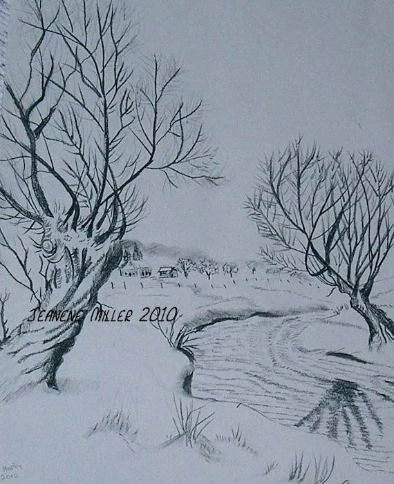 Árboles junto al arroyo de nieve dibujo a lápiz por JardinduBois Árboles junto al arroyo de nieve dibujo a lápiz por JardinduBois