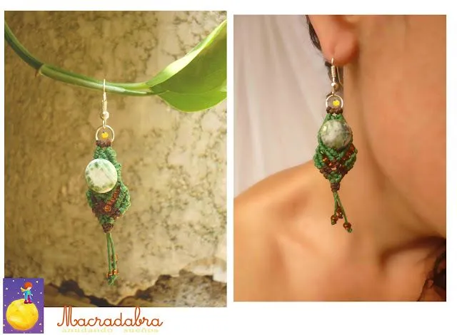 Aretes elaborados en macrame con cordon encerado y ágatas verdes Aretes elaborados en macrame con cordon encerado y ágatas verdes