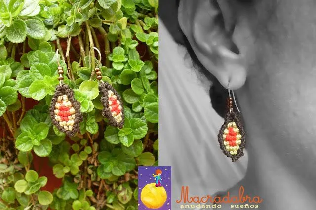 Aretes de hojitas en macramé elaborados en hilo guajiro