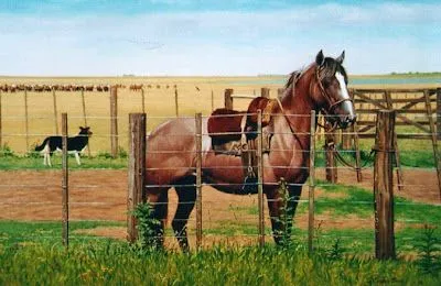 Arte Realista en Pinturas de Caballos. Cuadros de Caballos Pintados en Óleo Sobre Lienzo. Caballo en Cerco. Pintor Ricardo Raúl Bossie.