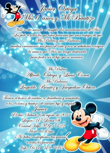 INVITACION DE CUMPLEAÑOS Y BAUTIZO DE MICKEY MOUSE EN COLOR AZUL ...