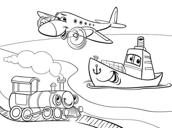 Avión tren barco para colorear de dibujos animados — Vector stock ... Avión tren barco para colorear de dibujos animados — Vector stock ...