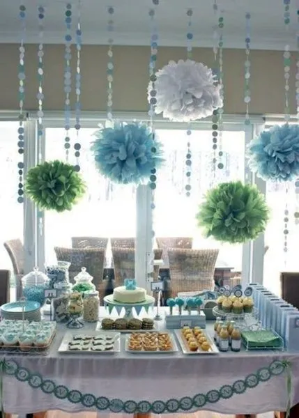 Suave decoración de bautizo en tonos aguamarina… | Fiestas ... Suave decoración de bautizo en tonos aguamarina… | Fiestas ...