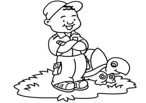 Imagenes para colorear: Dibujo de un niño con su tortuga para iluminar
