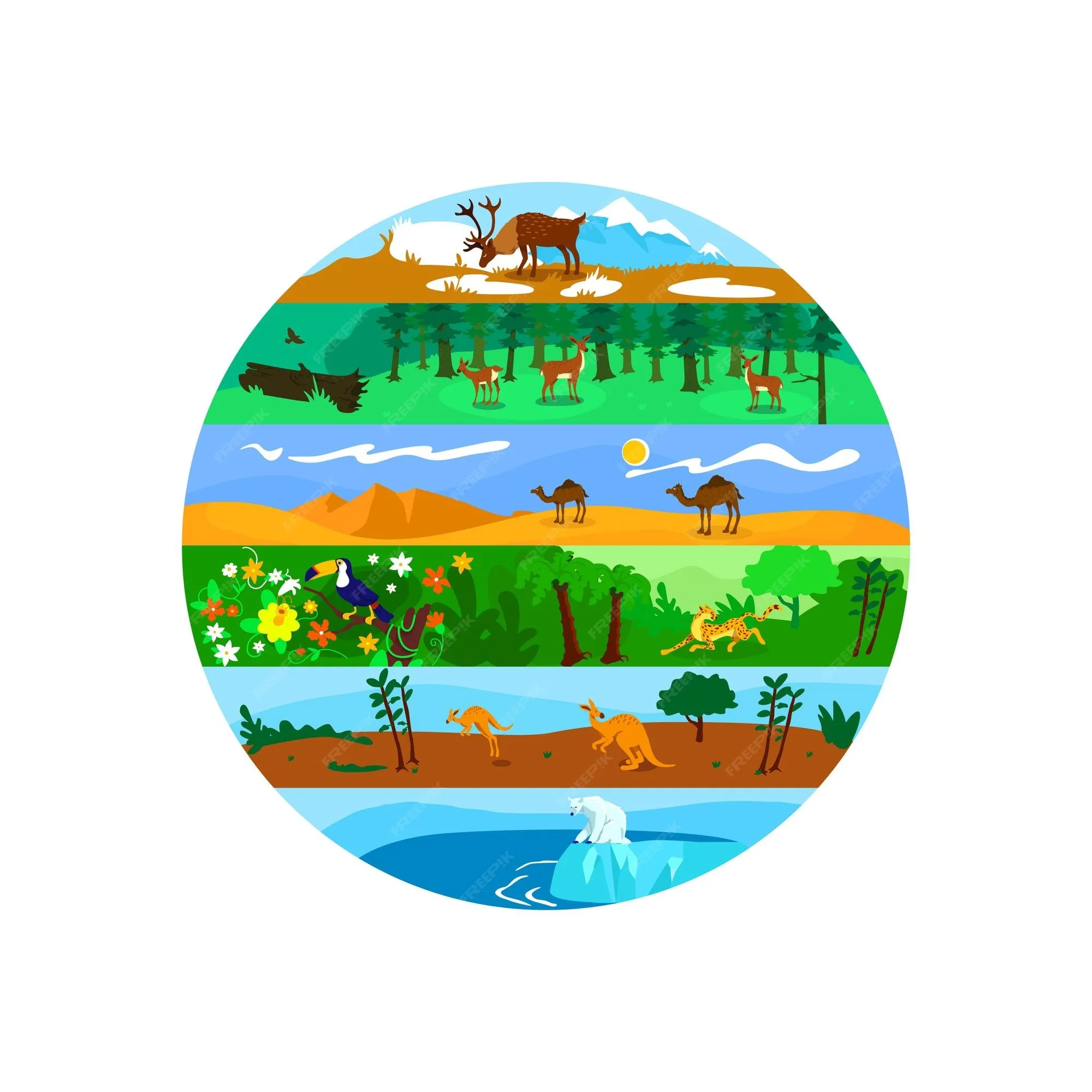 Banner web 2d de biodiversidad, póster. vida salvaje mundial. paisaje plano  de variedad de naturaleza global sobre fondo de dibujos animados. parche  imprimible del ecosistema terrestre y marino, elemento web colorido |