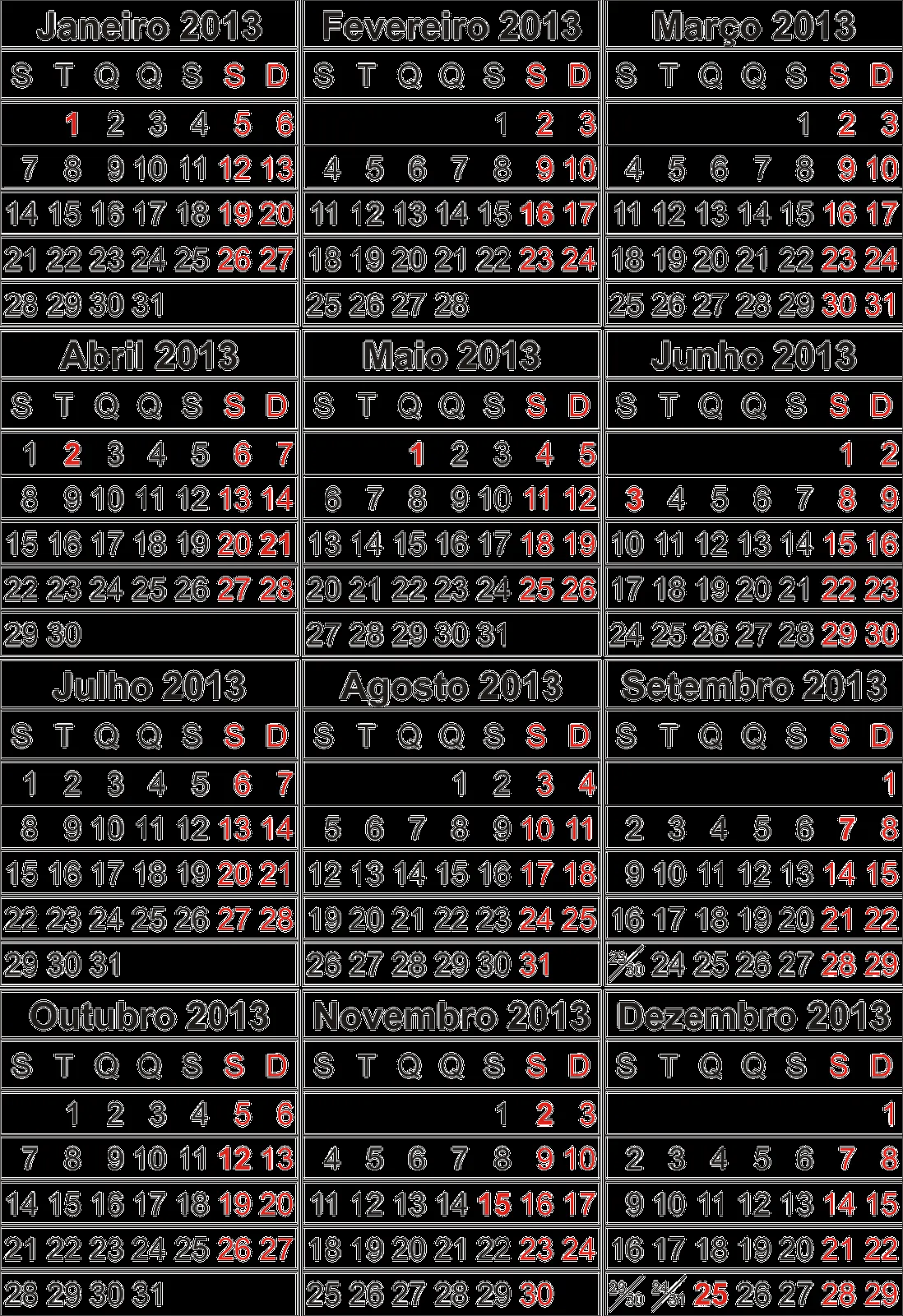 Bases de Calendário 2010 a 2014 com feriados nacionais (PNG ...