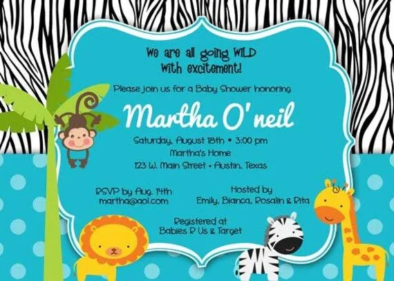 Bebé ducha invitación selva &amp; Zebra para niño por BellePrintables
