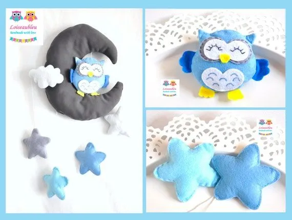 Bebé móvil con búho en la luna las estrellas y por loiseaubleu11 Bebé móvil con búho en la luna las estrellas y por loiseaubleu11