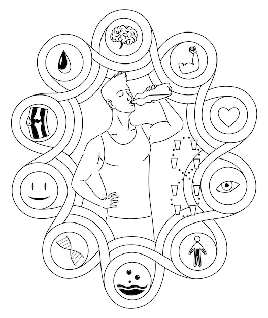 Beneficios del agua potable en el estilo de color hidratación del cuerpo humano saludable hombre con botella bebe agua iconos de ventajas cuidado de la salud bebida infografía articulaciones lubricadas y tono Beneficios del agua potable en el estilo de color hidratación del cuerpo humano saludable hombre con botella bebe agua iconos de ventajas cuidado de la salud bebida infografía articulaciones lubricadas y tono