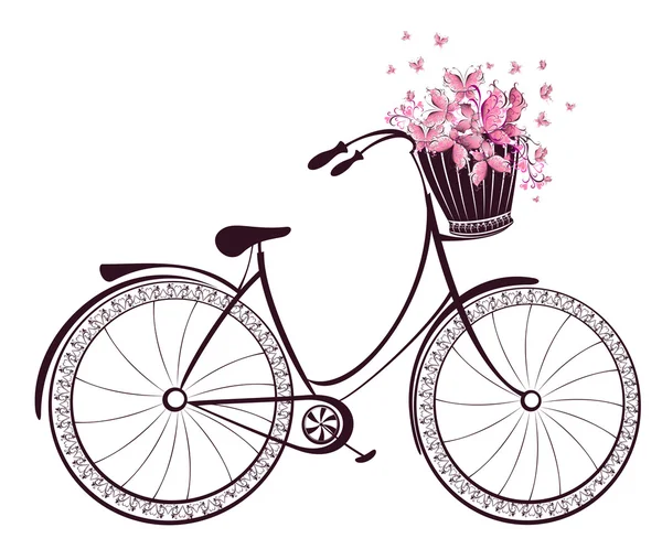 bicicleta con una canasta llena de flores y mariposas — Vector ...
