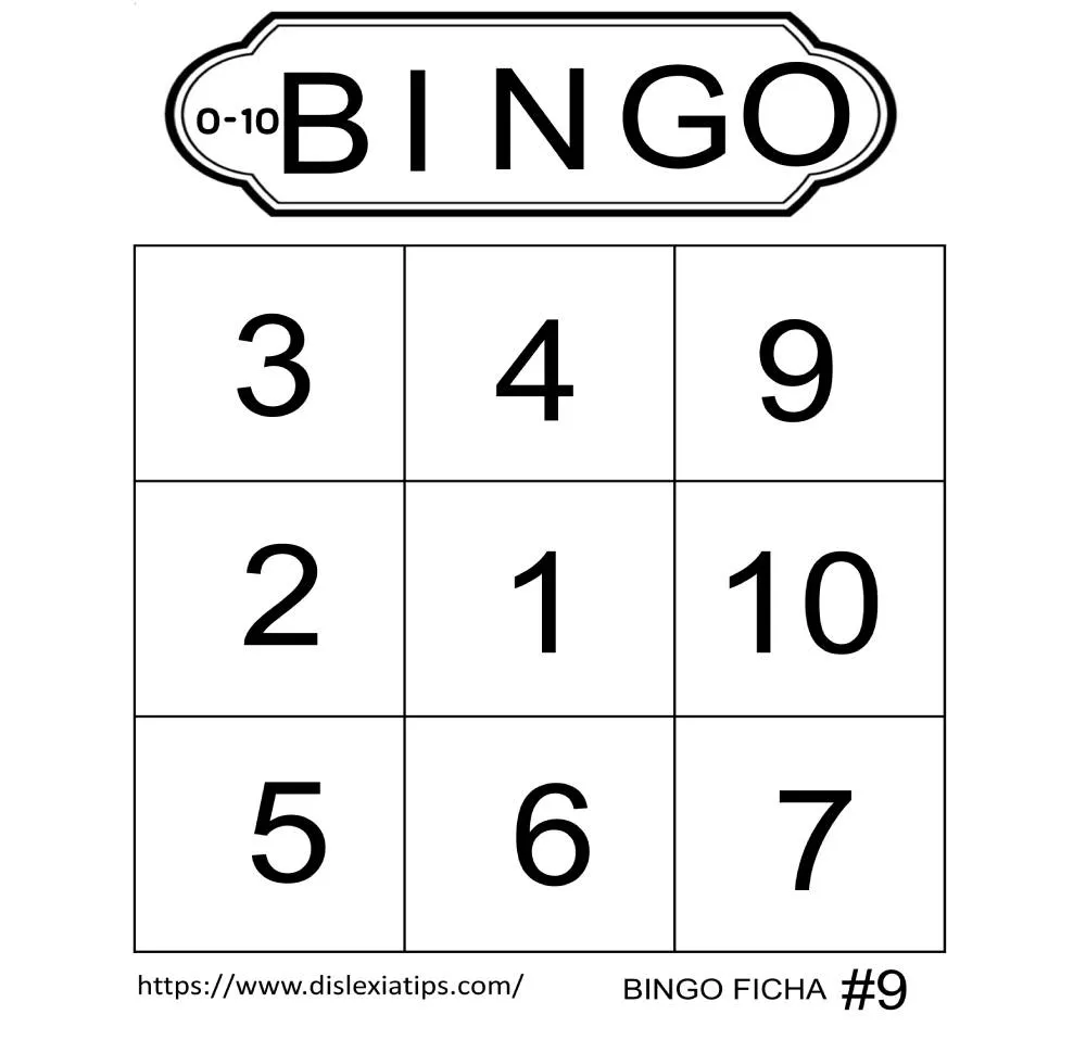 Bingo del 0 al 10 para imprimir