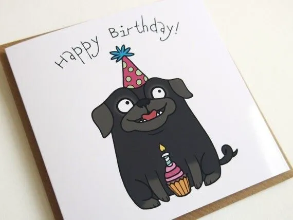 Birthday Pug Card Greeting Card Black Pug por Pugsnkissesuk Birthday Pug Card Greeting Card Black Pug por Pugsnkissesuk