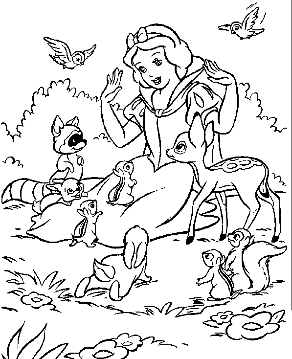 Blancanieves en el bosque con muchos animales