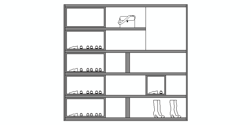Bloques AutoCAD Gratis de alzado de estantería con zapatos