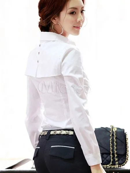 Blusa blanca de algodón de manga larga para mujeres - Milanoo.com Blusa blanca de algodón de manga larga para mujeres - Milanoo.com
