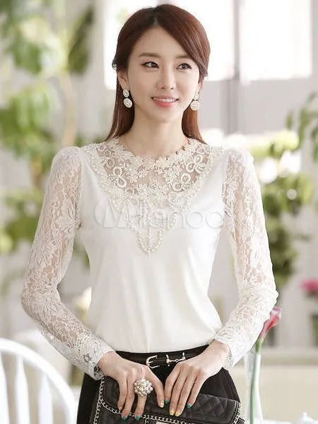 Blusa blanca de encaje con escote alto - Milanoo.com Blusa blanca de encaje con escote alto - Milanoo.com