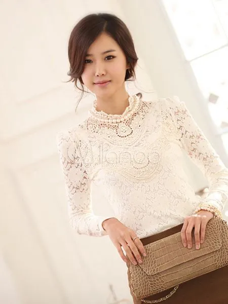 Blusa blanca de encaje de manga larga con cuentas de estilo dulce ... Blusa blanca de encaje de manga larga con cuentas de estilo dulce ...