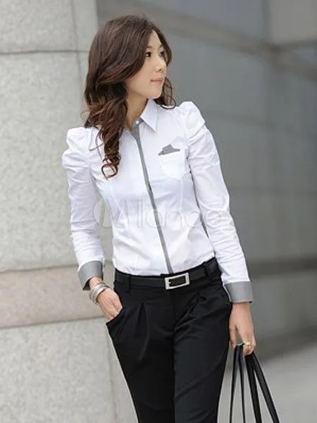 Blusa blanca con escote en V de manga larga - Milanoo.com