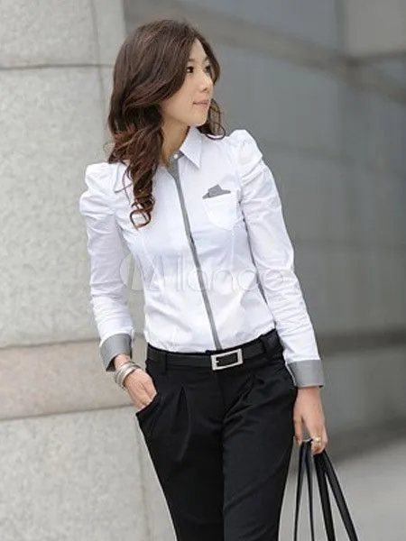 Blusa blanca con escote en V de manga larga - Milanoo.com Blusa blanca con escote en V de manga larga - Milanoo.com