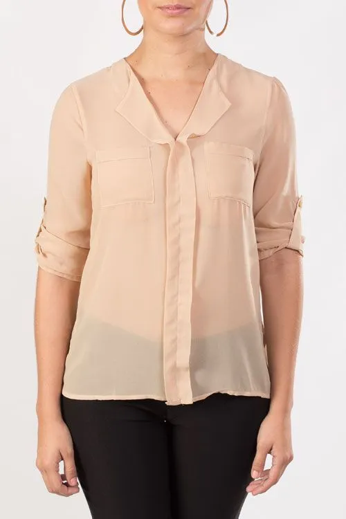 Blusa de chiffon color beige, manga tres cuartos, ideal para un ... Blusa de chiffon color beige, manga tres cuartos, ideal para un ...
