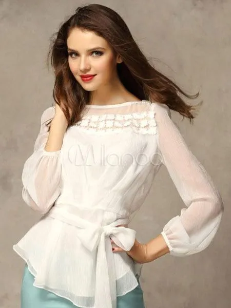 Blusa de chifón de color liso con faja - Milanoo.com Blusa de chifón de color liso con faja - Milanoo.com
