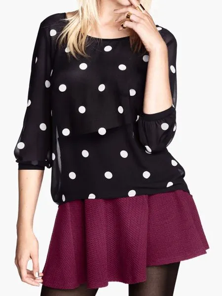 Blusa de chifón negro con estampado de lunares - Milanoo.com