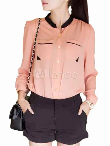 Blusa de chifón rosado con manga larga - Milanoo.com Blusa de chifón rosado con manga larga - Milanoo.com