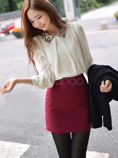 Blusa de gasa blanca de manga larga con lentejuelas de estilo ... Blusa de gasa blanca de manga larga con lentejuelas de estilo ...