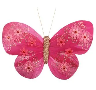 MARIPOSA ROSA Y ORO CON FLORES BBMCLIP28-PK 12X8CM