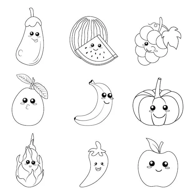 Bonita página para colorear de frutas y verduras para niños | Vector Premium