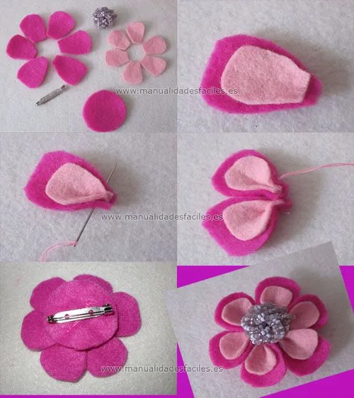 Broche “Flor rosa” de fieltro | Manualidades faciles