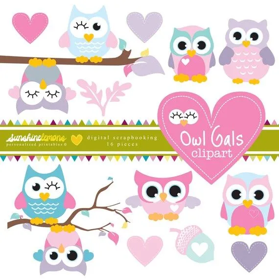 Buho Gals Clipart color de rosa y púrpura buho por SunshineLemons