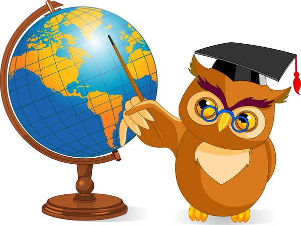 Búho sabio de dibujos animados con globo del mundo — Vector stock ...