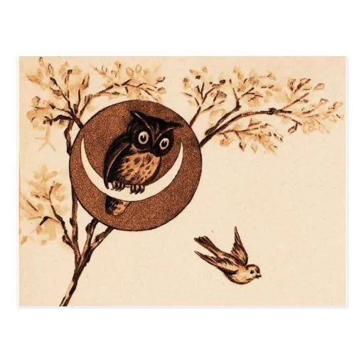 Búho del vintage en luna postal | Zazzle