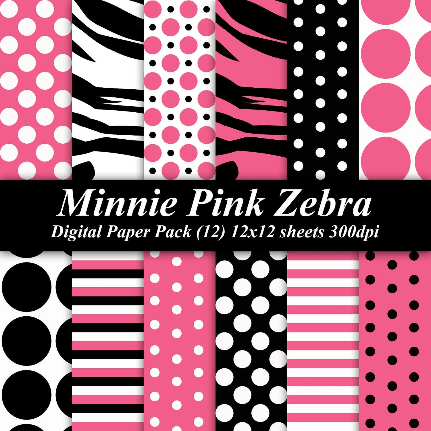 BUY 2 GET 1 FREE - Minnie Mouse Zebra Digital Paper Pack graphics ...