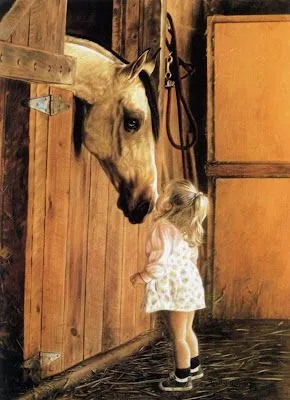 Caballo con niña pintura al óleo. Obras de Lesley Harrison de Estados Unidos. Cuadros de Arte  Hiperrealista.