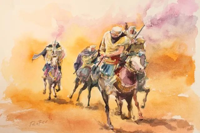 Caballos árabes al galope | Las acuarelas de Roberto Fernández, Rofer Caballos árabes al galope | Las acuarelas de Roberto Fernández, Rofer