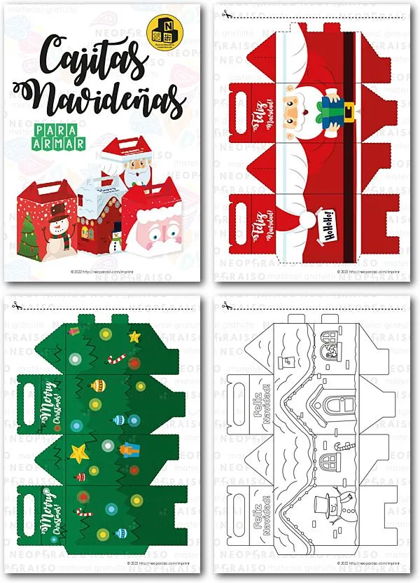 Cajitas Navideñas de Papel para Armar y Colorear