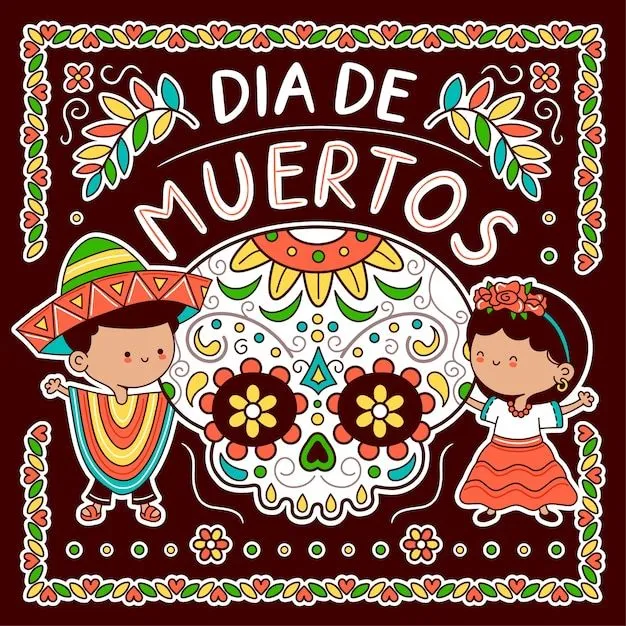 Calavera de azúcar y niños en traje tradicional mexicano. día de los muertos, concepto de dia de muertos. icono de ilustración de personaje de kawaii de dibujos animados de línea plana de Calavera de azúcar y niños en traje tradicional mexicano. día de los muertos, concepto de dia de muertos. icono de ilustración de personaje de kawaii de dibujos animados de línea plana de