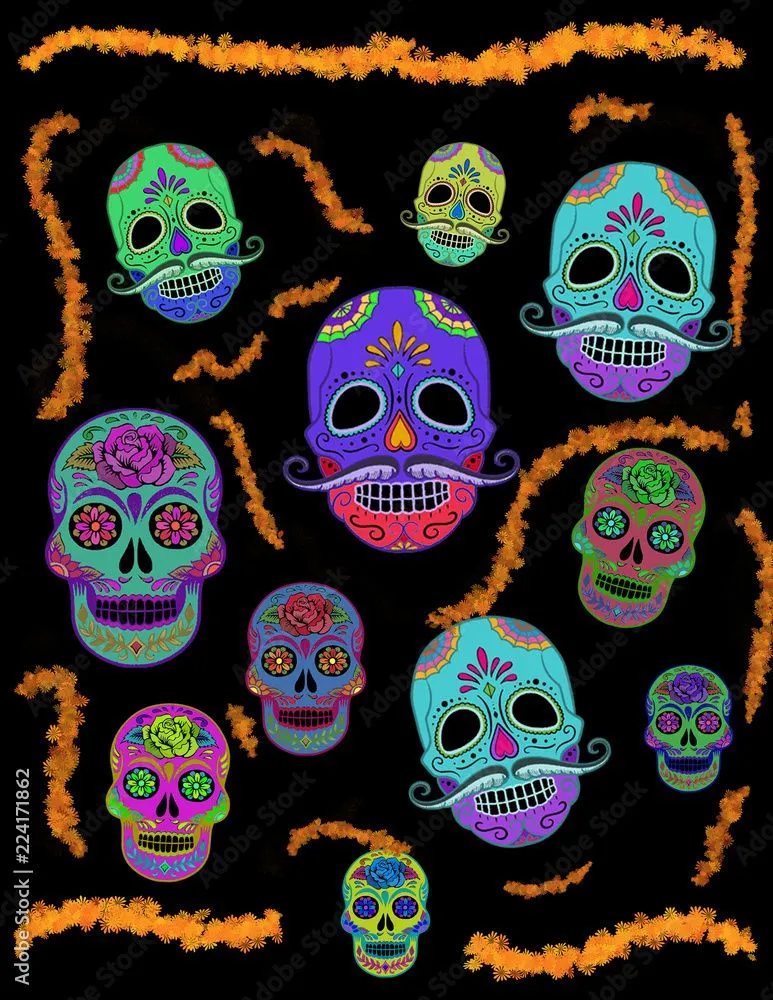 calaveras de color en fondo negro para día de muertos Stock Illustration |  Adobe Stock
