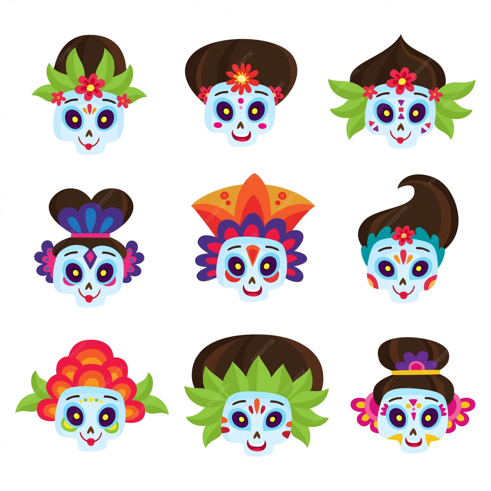 Con calaveras de colores para el día de los muertos aislado en blanco,  calaveras de azúcar para el día mexicano de los muertos. lindos cráneos y  flores en un estilo de dibujos