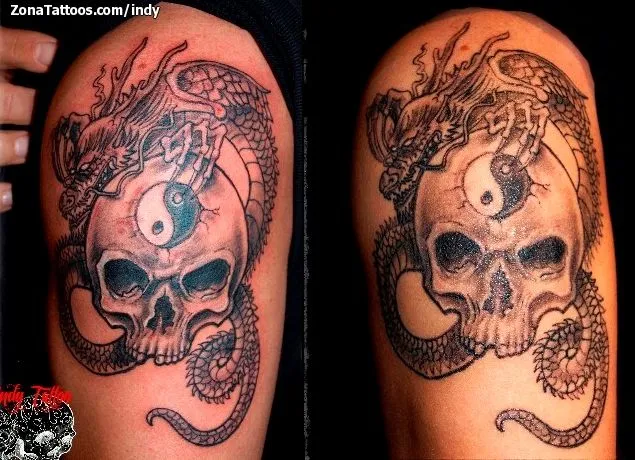 Tatuaje de Indy - Calaveras Dragones Yin y Yang