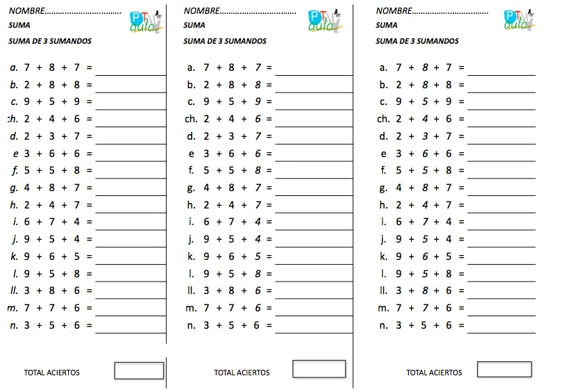 CÁLCULO MENTAL. SUMAS DE 3 SUMANDOS - AULA PT