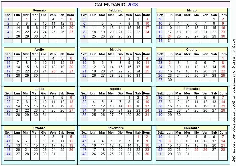 Calendario 2008 da stampare - Con festività, santi e fasi lunari