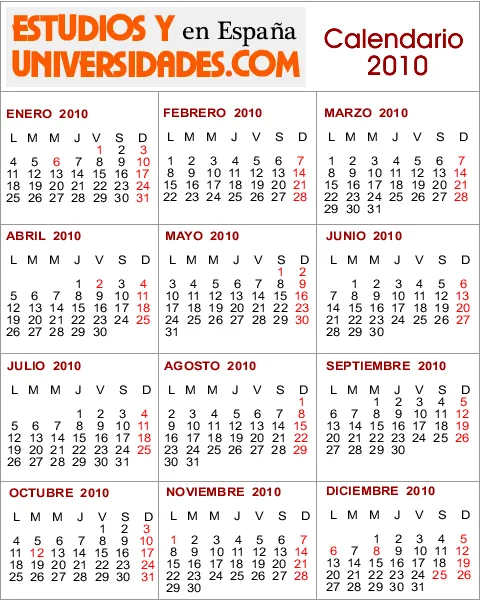 CALENDARIO 2010 - CALENDARIO LABORAL - ALMANAQUE 2010 - FERIADOS ...