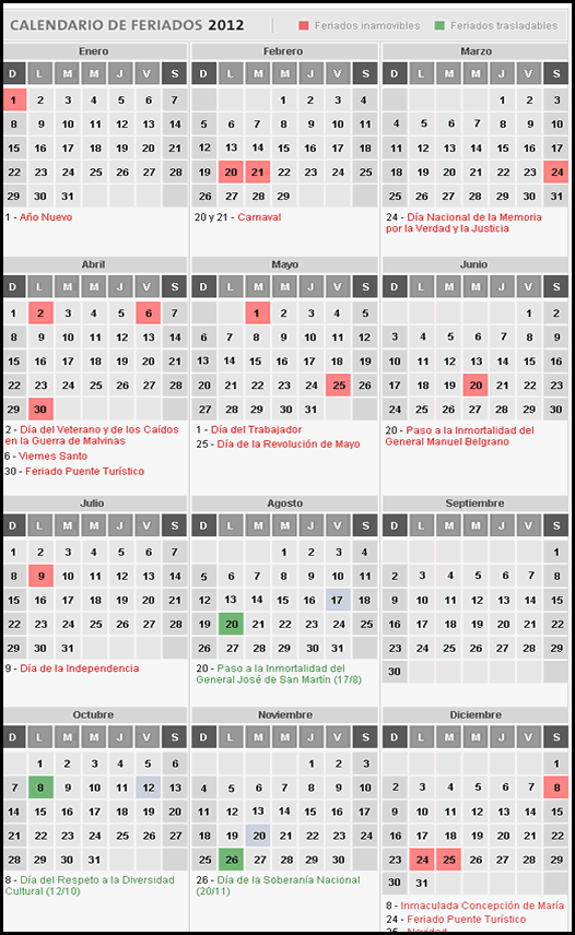 Calendario 2012: Feriados Nacionales – Fines de Semana Largos ...