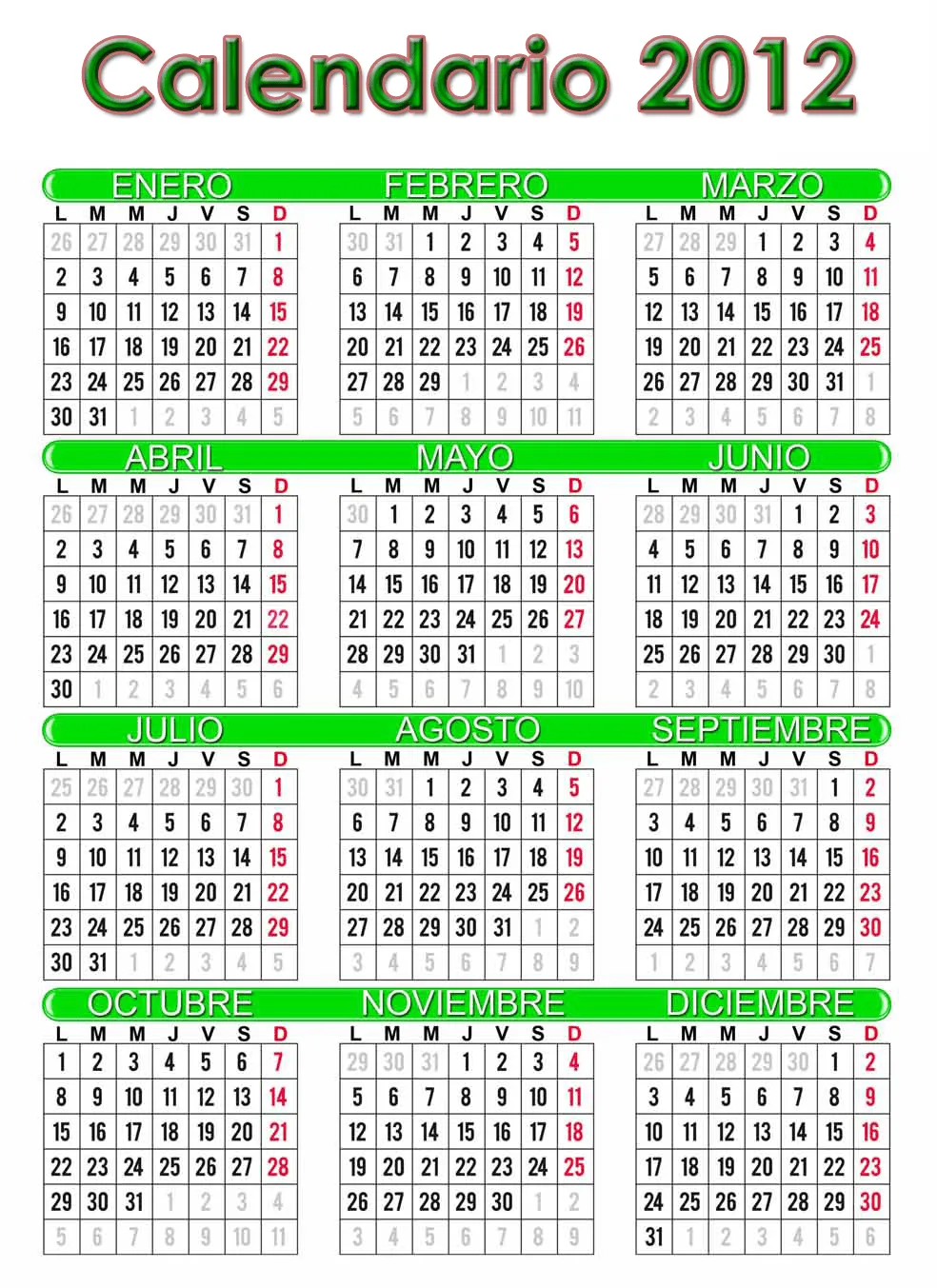 Calendario 2012 Para Imprimir Anual