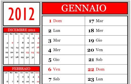 Calendario 2012 mensile su 12 mesi/pagine gratis in PDF
